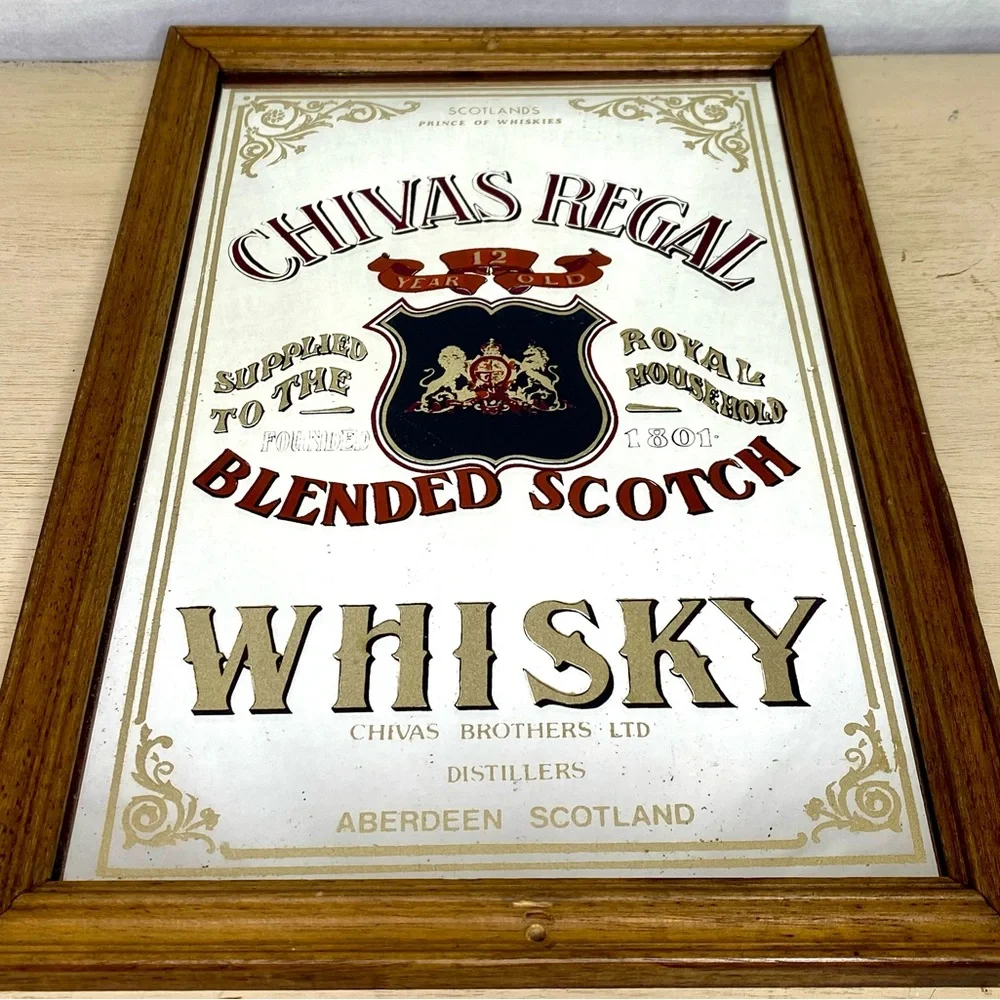 Vintage Chivas Regal Scotch Whisky Pub Bar Mirror Sign in Wooden Frame Scotland